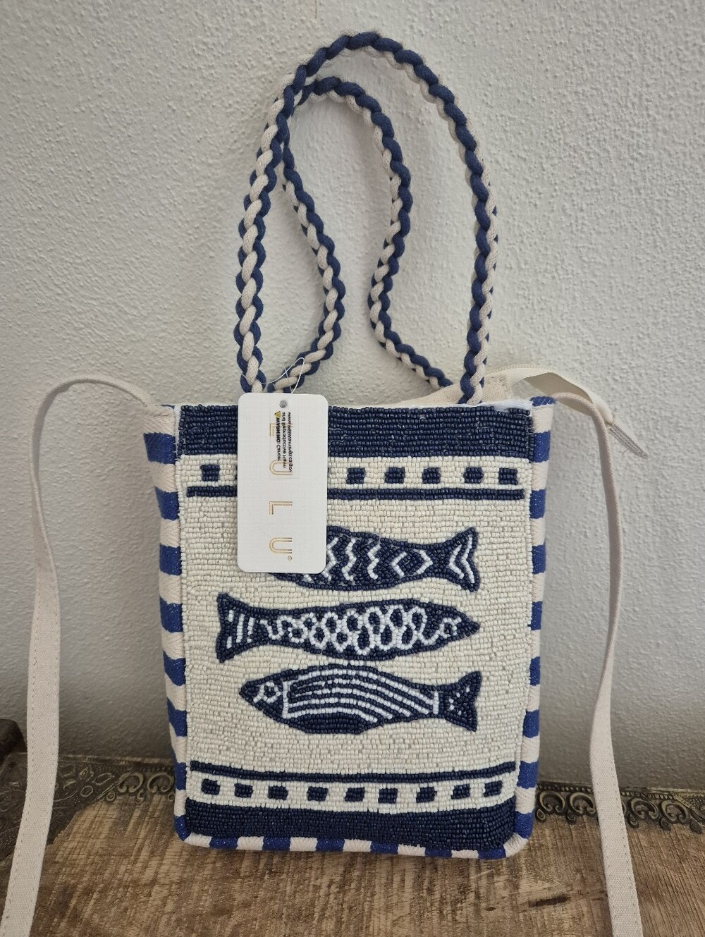 Blue & White Beaded Fish Embroidered Crossbody Bag Made in India